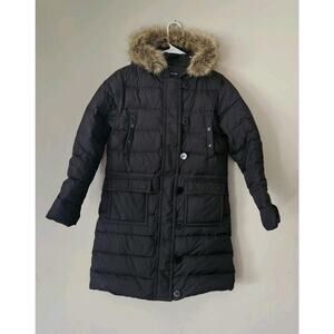 Lands End Womens Black Down Long Maxi Winter Coat Faux Fur Trim Hood Small 6-8